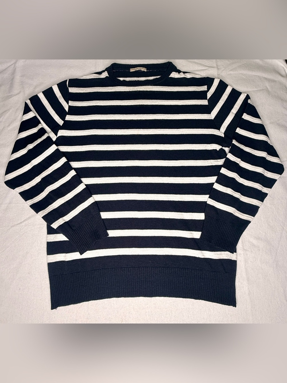Lightweight Striped Navy & White Crewneck Sweater - Men's